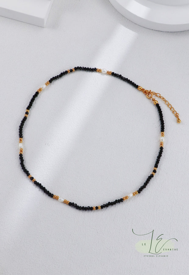 Black Spinel Stone with Natural Freshwater Pearl Vintage Gold Necklace | 925 Sterling Silver | 18K Fine Gold