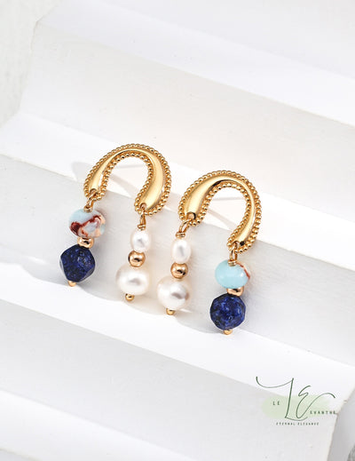 Freshwater Pearl with Lapis Lazuli & Shoushan Stone Drop Earrings | 18K Fine Gold