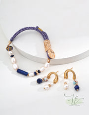 Freshwater Pearl with Lapis Lazuli & Shoushan Stone Drop Earrings | 18K Fine Gold