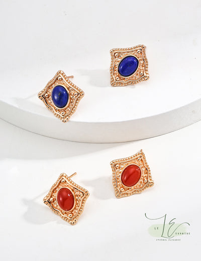 Vintage Royal-Inspired Rhombus Frame Earrings with Red Agate or Lapis Lazuli | 18K Fine Gold