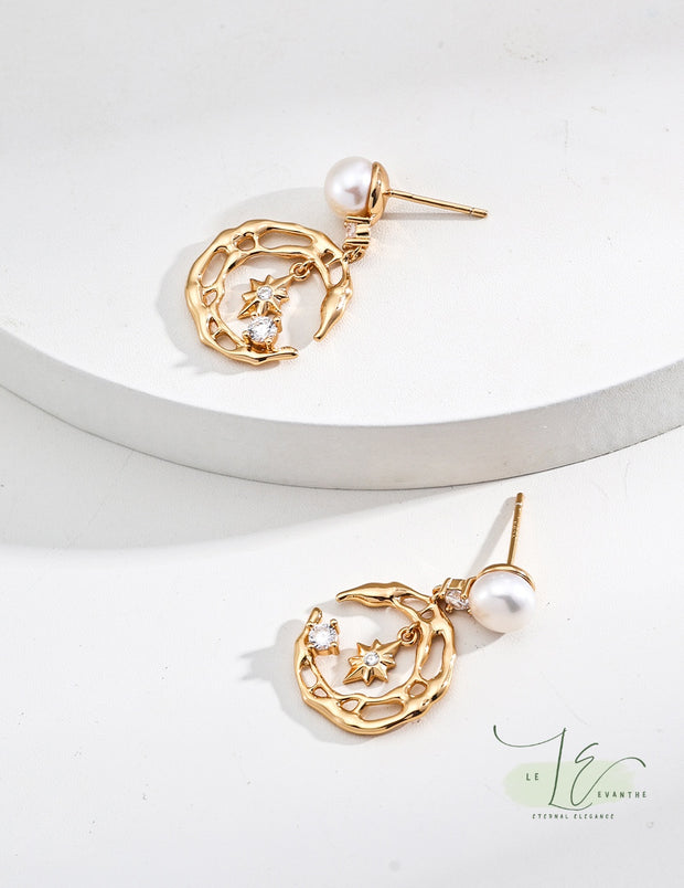 Freshwater Pearl Stud with Celestial Moon & Star Earrings & Zircon Drop Earrings| 18K Fine Gold