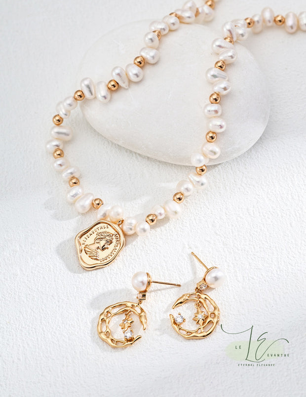 Freshwater Pearl Stud with Celestial Moon & Star Earrings & Zircon Drop Earrings| 18K Fine Gold