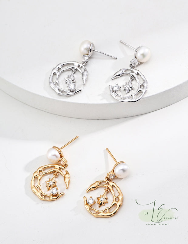 Freshwater Pearl Stud with Celestial Moon & Star Earrings & Zircon Drop Earrings| 18K Fine Gold