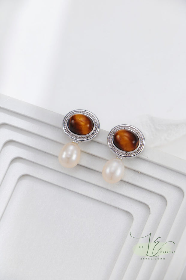 Tiger’s Eye Stud Earrings with Freshwater Pearl Drop Earrings | 18K Fine Gold | 925 Sterling Silver