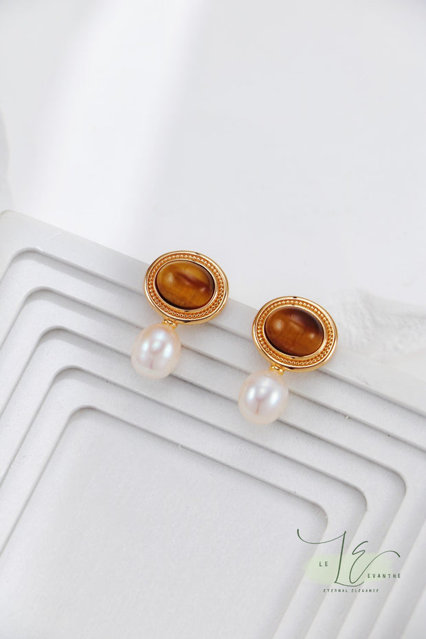 Tiger’s Eye Stud Earrings with Freshwater Pearl Drop Earrings | 18K Fine Gold | 925 Sterling Silver