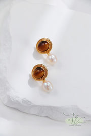 Tiger’s Eye Stud Earrings with Freshwater Pearl Drop Earrings | 18K Fine Gold | 925 Sterling Silver