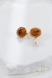 Tiger’s Eye Stud Earrings with Freshwater Pearl Drop Earrings | 18K Fine Gold | 925 Sterling Silver