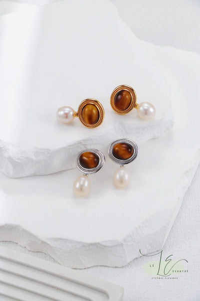 Tiger’s Eye Stud Earrings with Freshwater Pearl Drop Earrings | 18K Fine Gold | 925 Sterling Silver