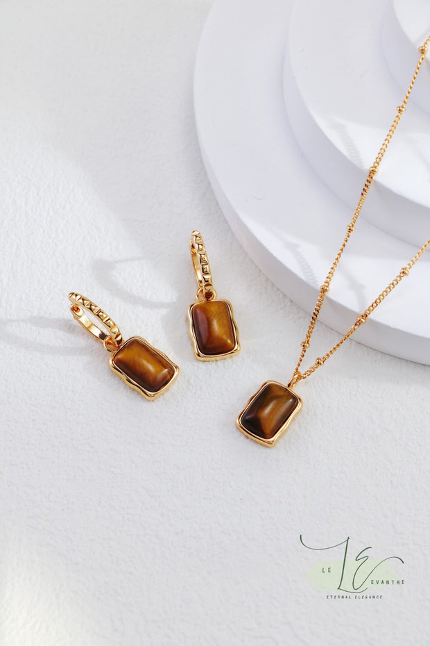 Tiger’s Eye & Vintage Gold-Framed Drop Hoop Earrings | 18K Fine Gold