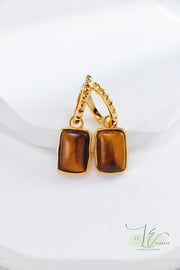 Tiger’s Eye & Vintage Gold-Framed Drop Hoop Earrings | 18K Fine Gold