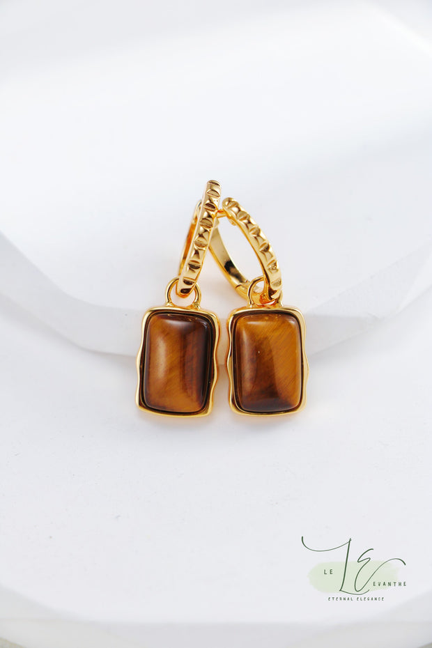 Tiger’s Eye & Vintage Gold-Framed Drop Hoop Earrings | 18K Fine Gold