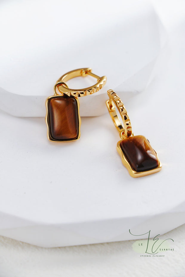 Tiger’s Eye & Vintage Gold-Framed Drop Hoop Earrings | 18K Fine Gold