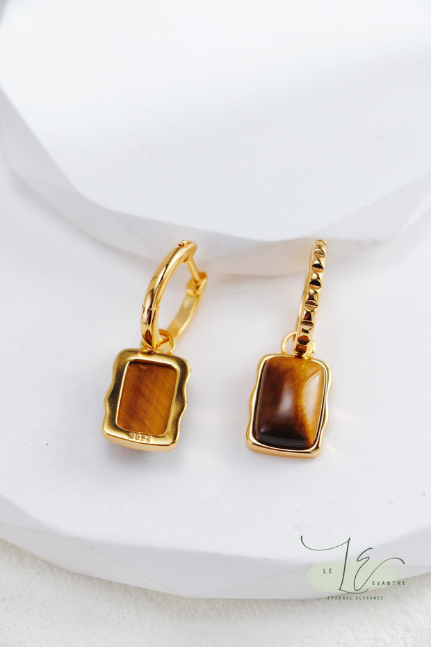 Tiger’s Eye & Vintage Gold-Framed Drop Hoop Earrings | 18K Fine Gold