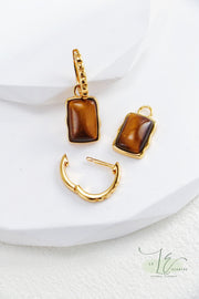 Tiger’s Eye & Vintage Gold-Framed Drop Hoop Earrings | 18K Fine Gold