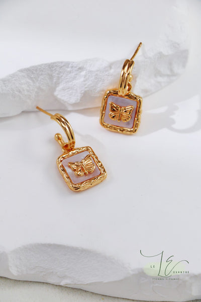 Golden Butterfly with Pearl Shell Vintage Gold Frame Hoop Earring | 18K Fine Gold