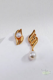 Asymmetrical Fluid Design Freshwater Pearl Earrings | 925 Sterling Silver | 18K Fine Gold