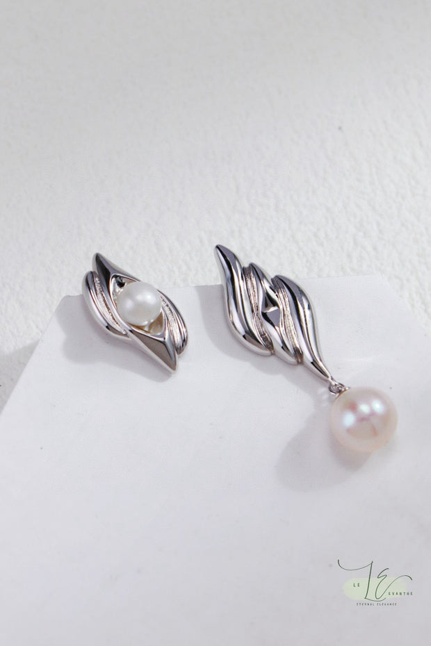 Asymmetrical Fluid Design Freshwater Pearl Earrings | 925 Sterling Silver | 18K Fine Gold