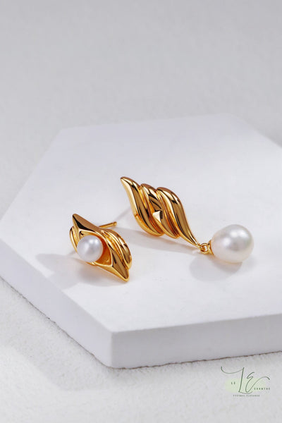 Asymmetrical Fluid Design Freshwater Pearl Earrings | 925 Sterling Silver | 18K Fine Gold