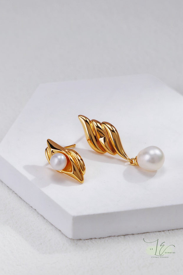 Asymmetrical Fluid Design Freshwater Pearl Earrings | 925 Sterling Silver | 18K Fine Gold