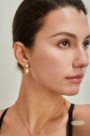 Freshwater Pearl Stud with Crackled Square Drop Earring | 18K Fine Gold