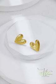 Rock-Textured Heart Shaped Stud Earrings | 925 Sterling Silver | 18K Fine Gold