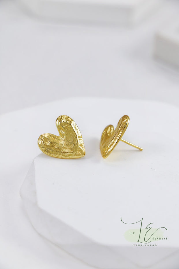 Rock-Textured Heart Shaped Stud Earrings | 925 Sterling Silver | 18K Fine Gold