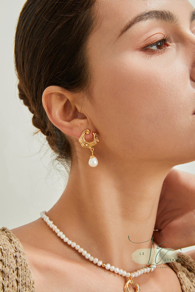 Sea Wave-Inspired with Freshwater Pearl Drops Earrings | 925 Sterling Silver | 18K Fine Gold