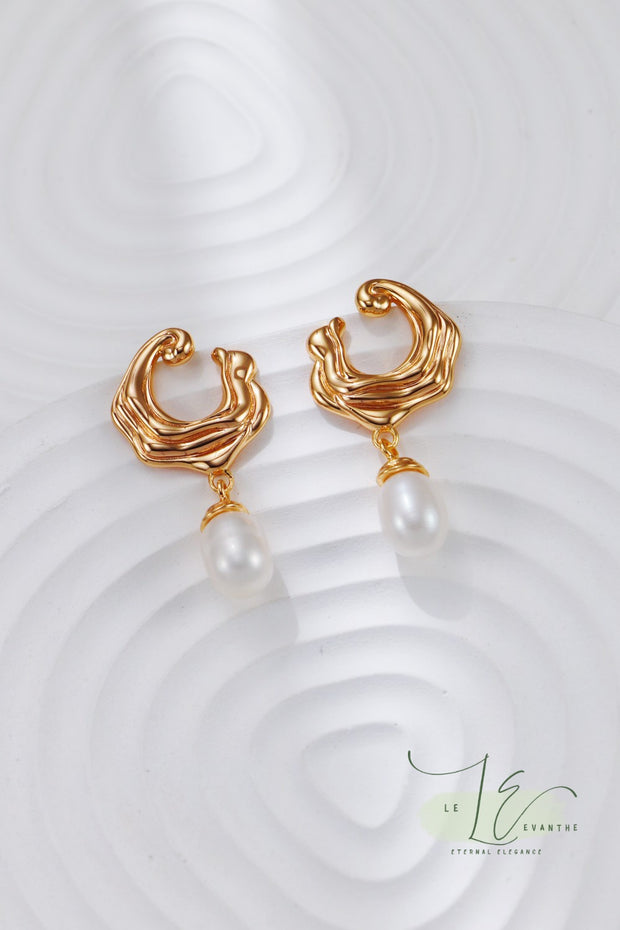 Sea Wave-Inspired with Freshwater Pearl Drops Earrings | 925 Sterling Silver | 18K Fine Gold