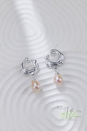 Sea Wave-Inspired with Freshwater Pearl Drops Earrings | 925 Sterling Silver | 18K Fine Gold