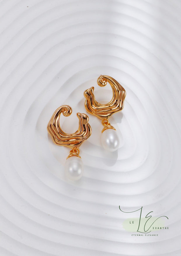 Sea Wave-Inspired with Freshwater Pearl Drops Earrings | 925 Sterling Silver | 18K Fine Gold