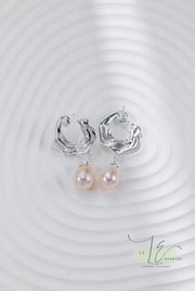 Sea Wave-Inspired with Freshwater Pearl Drops Earrings | 925 Sterling Silver | 18K Fine Gold