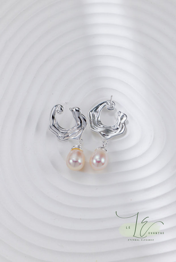 Sea Wave-Inspired with Freshwater Pearl Drops Earrings | 925 Sterling Silver | 18K Fine Gold