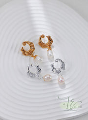 Sea Wave-Inspired with Freshwater Pearl Drops Earrings | 925 Sterling Silver | 18K Fine Gold