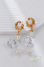 Sea Wave-Inspired with Freshwater Pearl Drops Earrings | 925 Sterling Silver | 18K Fine Gold