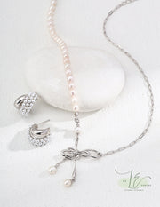 Freshwater Pearl & Chain with Bow Design Necklace | 925 Sterling Silver | 18K Fine Gold