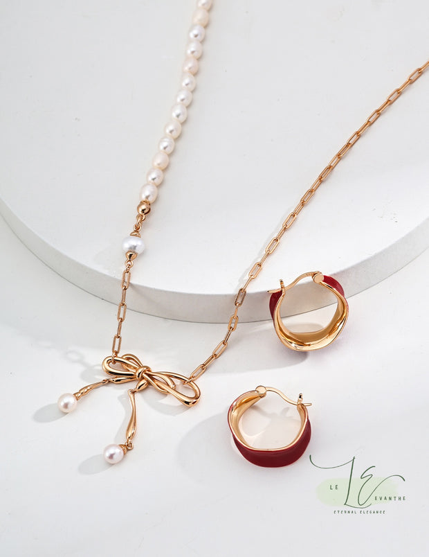 Freshwater Pearl & Chain with Bow Design Necklace | 925 Sterling Silver | 18K Fine Gold