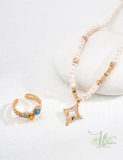 Freshwater Pearls & Gold Beads with Zircon Pendant | 925 Sterling Silver | 18K Fine Gold