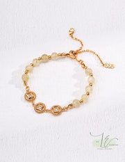 Lucky Coin Bracelet with Freshwater Pearl / Rutilated Quartz | 18K Fine Fine Gold