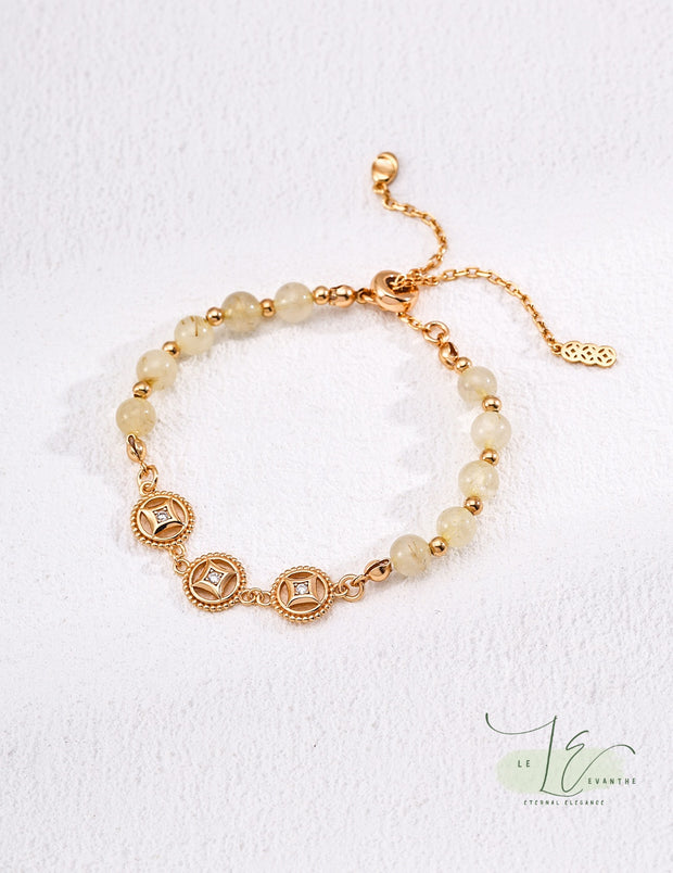 Lucky Coin Bracelet with Freshwater Pearl / Rutilated Quartz | 18K Fine Fine Gold