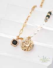 Freshwater Pearl & Moss Agate Cube Beads with Golden Chain Pendant Necklace | 18K Fine Gold