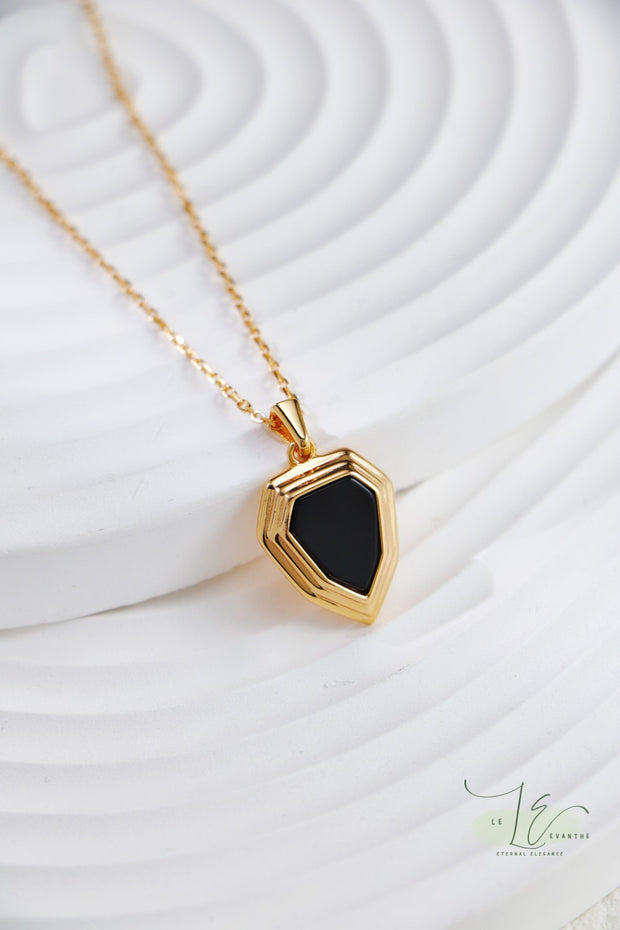 Black Agate Shield Pendant Necklace | 18K Fine Gold | 925 Sterling Silver