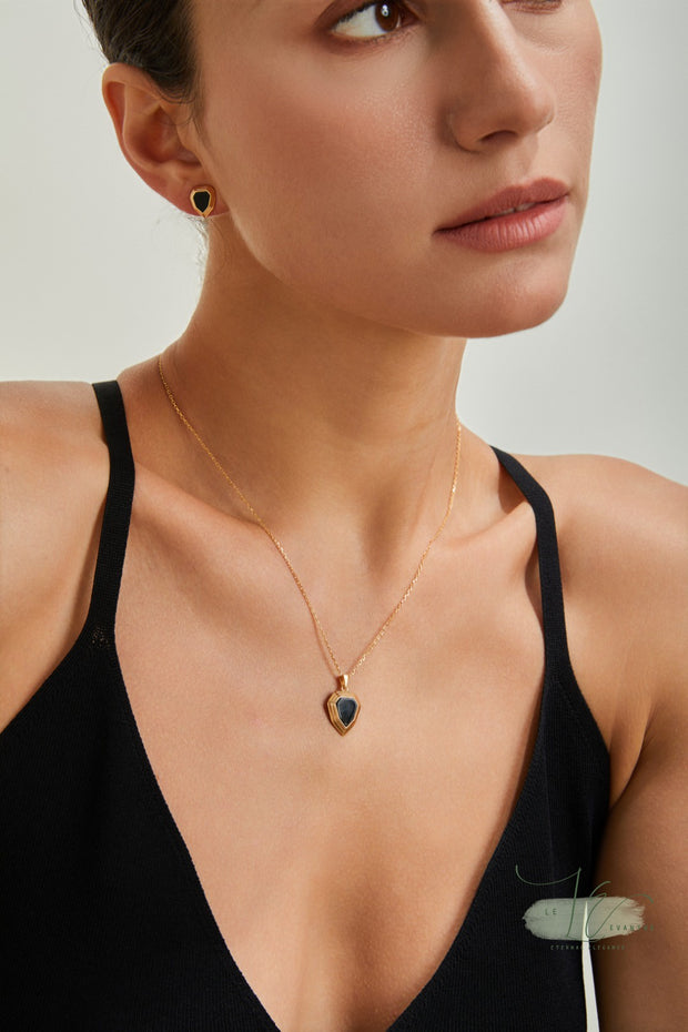 Black Agate Shield Pendant Necklace | 18K Fine Gold | 925 Sterling Silver