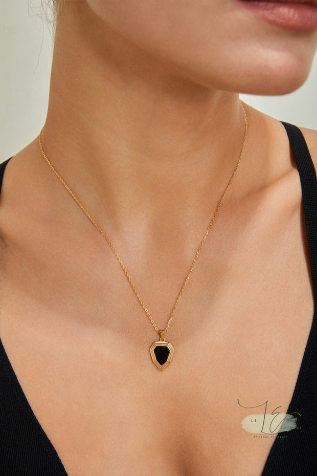 Black Agate Shield Pendant Necklace | 18K Fine Gold | 925 Sterling Silver