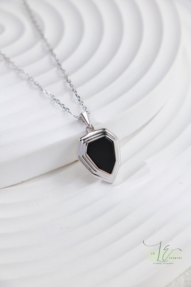 Black Agate Shield Pendant Necklace | 18K Fine Gold | 925 Sterling Silver