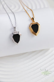 Black Agate Shield Pendant Necklace | 18K Fine Gold | 925 Sterling Silver