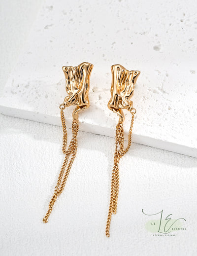 Vintage Square Fluid Design Chain Drop Earrings | 18K Fine Gold