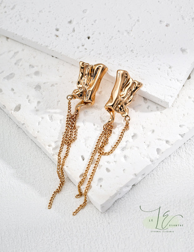 Vintage Square Fluid Design Chain Drop Earrings | 18K Fine Gold