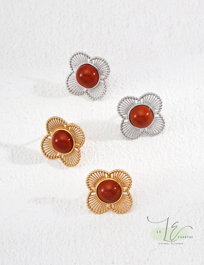 Vintage Floral Palace-Style Designed with Red Agate Stud Earrings  | 925 Sterling Silver | 18K Fine Gold