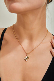 Freshwater Pearl Stud with Crackled Square Pendant Necklace | 18K Fine Gold