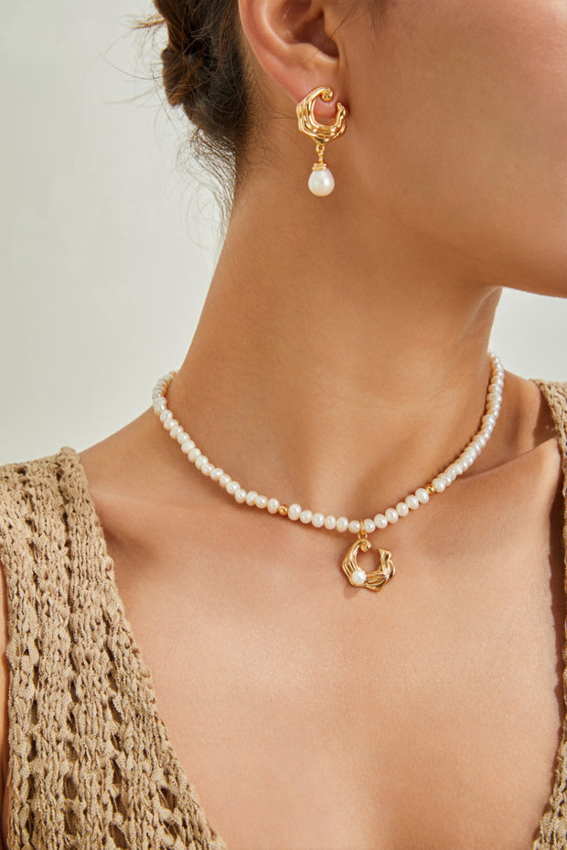 Sea Wave-Inspired with Freshwater Pearl Pendant Necklace | 925 Sterling Silver | 18K Fine Gold